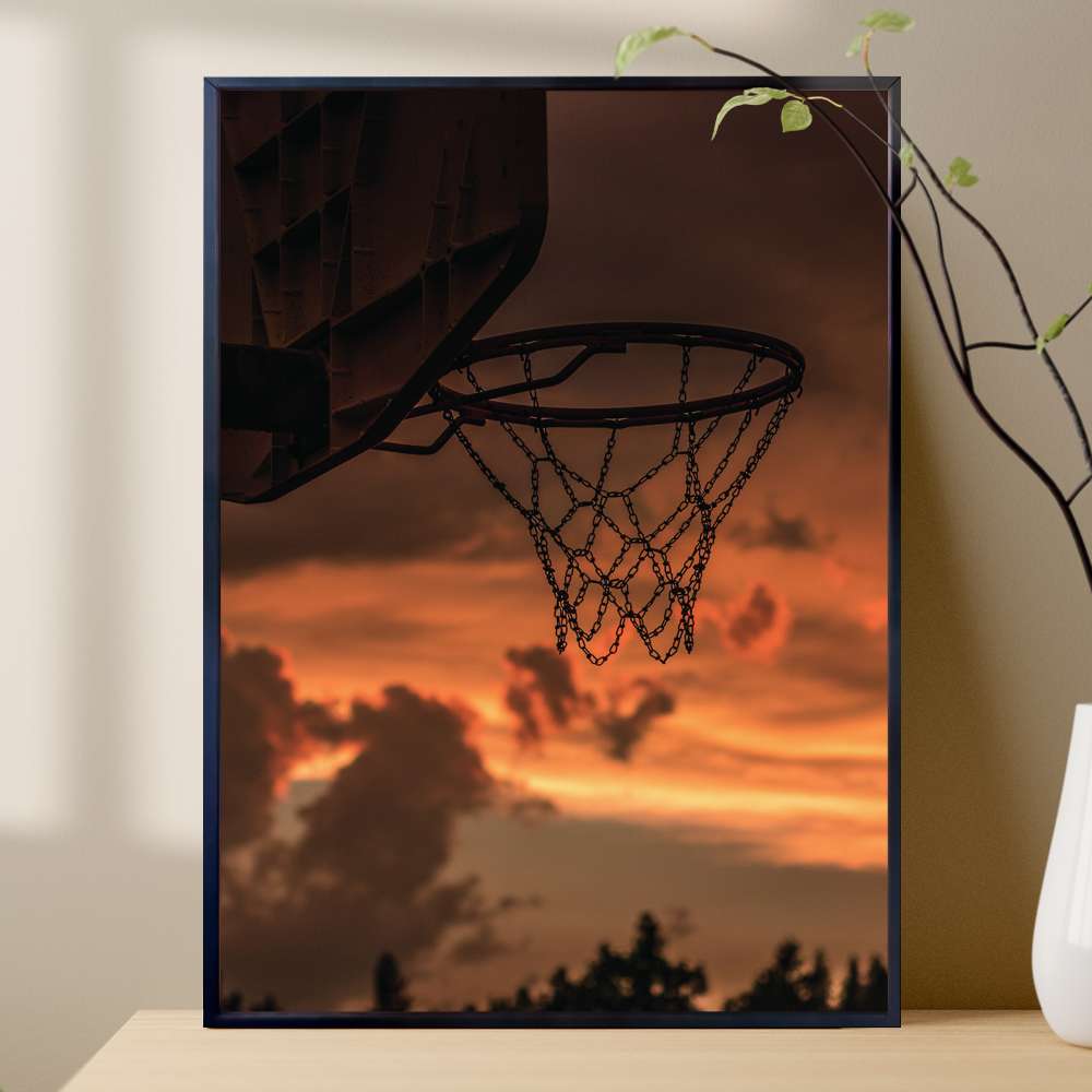 Quadro Decorativo Cesta De Basquete Com Ceu Laranja No Fundo