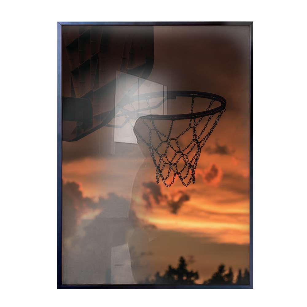Quadro Decorativo Cesta De Basquete Com Ceu Laranja No Fundo