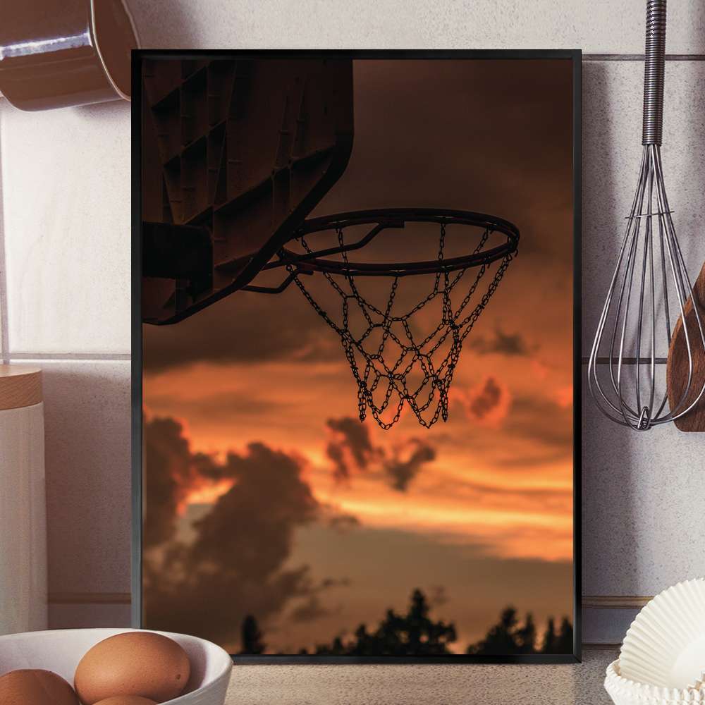 Quadro Decorativo Cesta De Basquete Com Ceu Laranja No Fundo