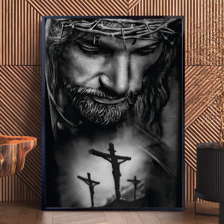 Quadro Decorativo Preto e Branco Jesus Cristo Em Frente A Cruz