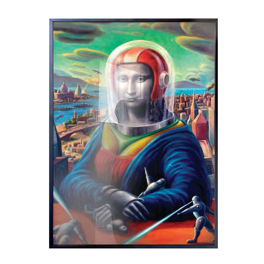 Quadro Decorativo Monalisa De Capacete Em Frente A Cidade