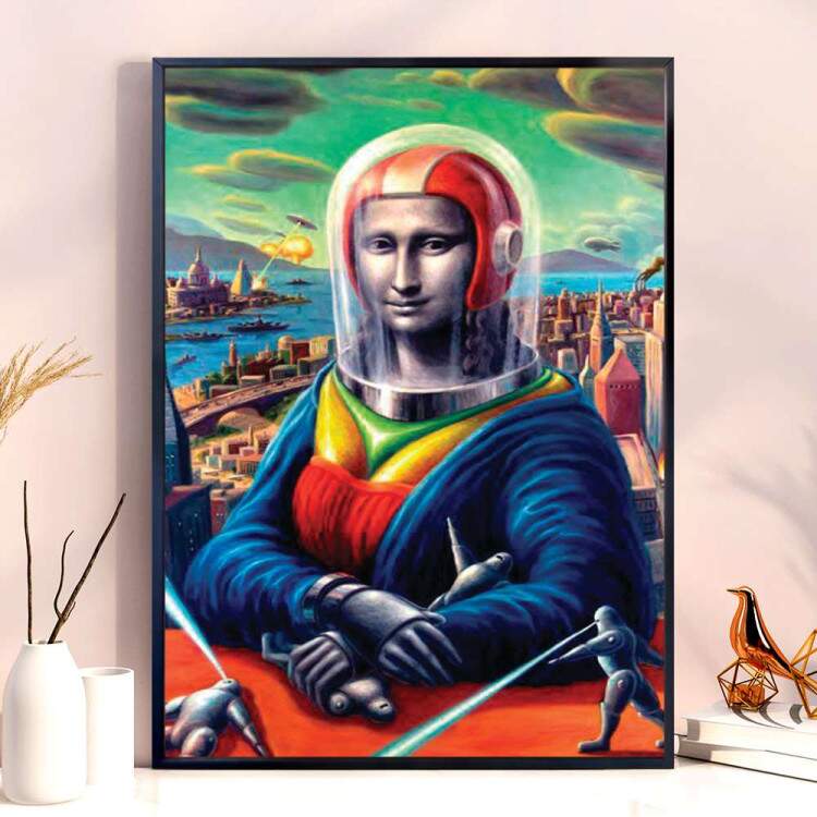 Quadro Decorativo Monalisa De Capacete Em Frente A Cidade