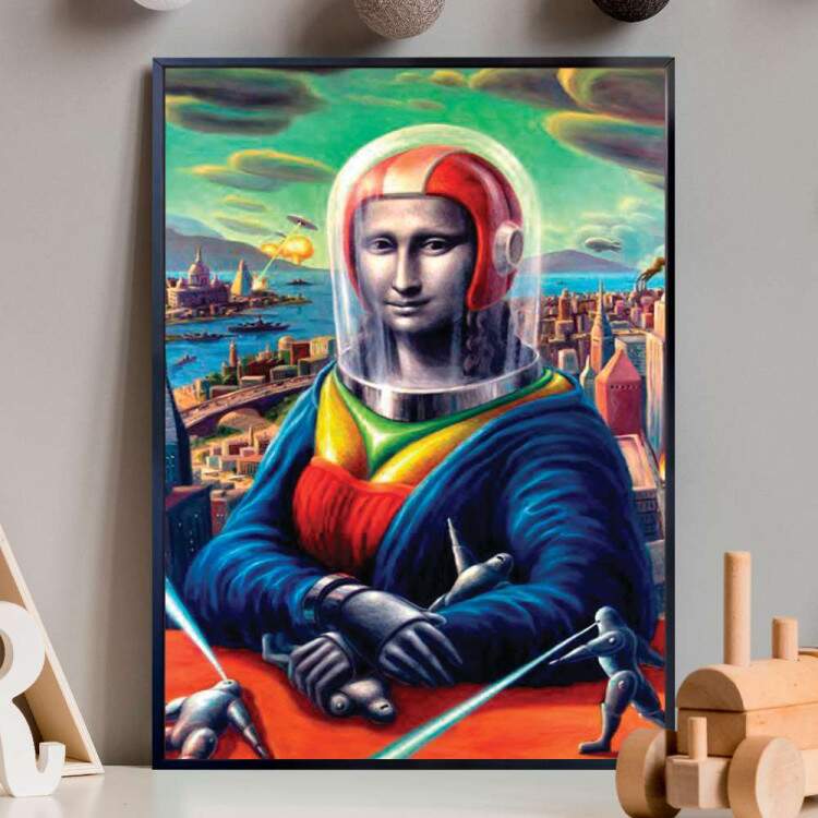 Quadro Decorativo Monalisa De Capacete Em Frente A Cidade