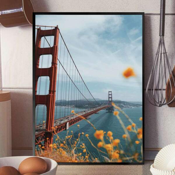 Quadro Decorativo Ponte Golden Gate Com Flores Amarelas Na Frente