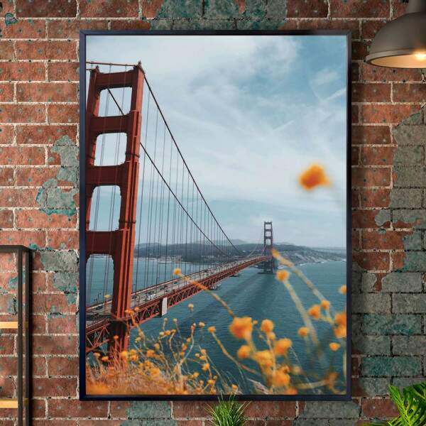 Quadro Decorativo Ponte Golden Gate Com Flores Amarelas Na Frente