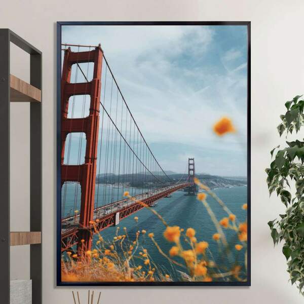 Quadro Decorativo Ponte Golden Gate Com Flores Amarelas Na Frente