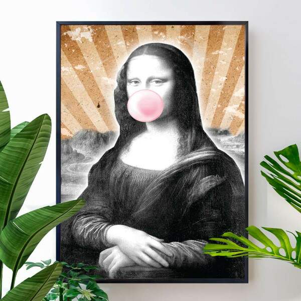 Quadro Decorativo Monalisa Mascando Chiclete Rosa Com Fundo Listrado