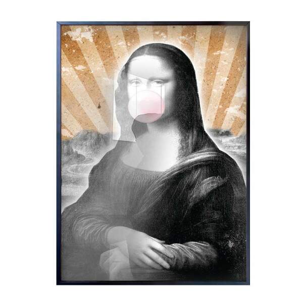 Quadro Decorativo Monalisa Mascando Chiclete Rosa Com Fundo Listrado