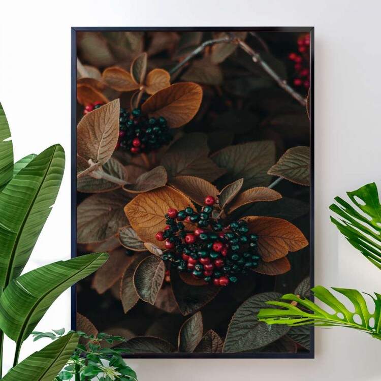 Quadro Decorativo Folhas Cinzas e Laranjas E Frutas