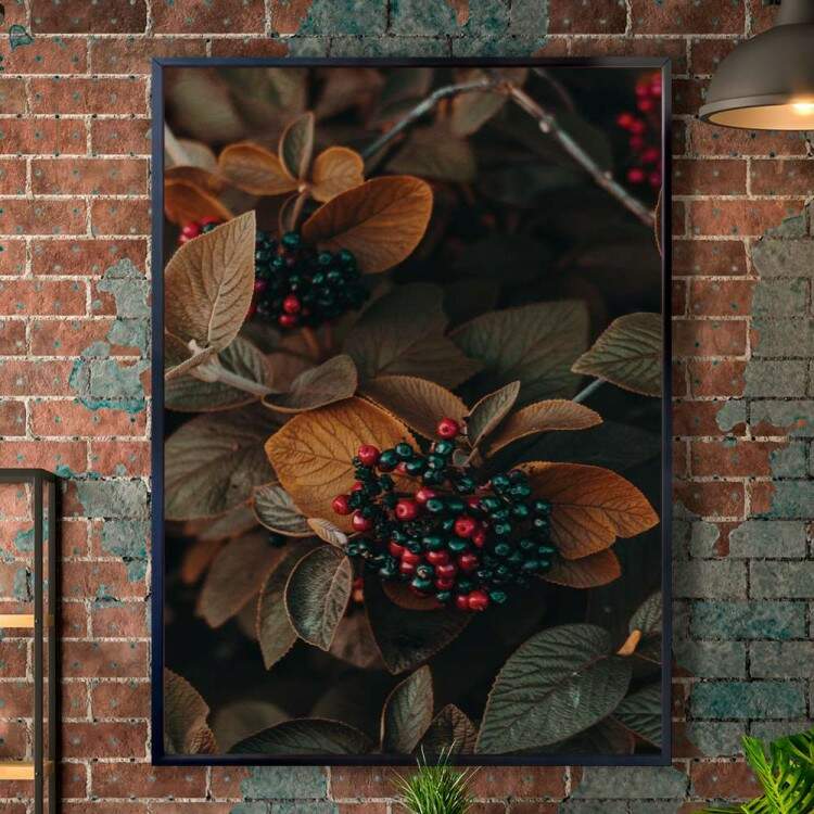 Quadro Decorativo Folhas Cinzas e Laranjas E Frutas