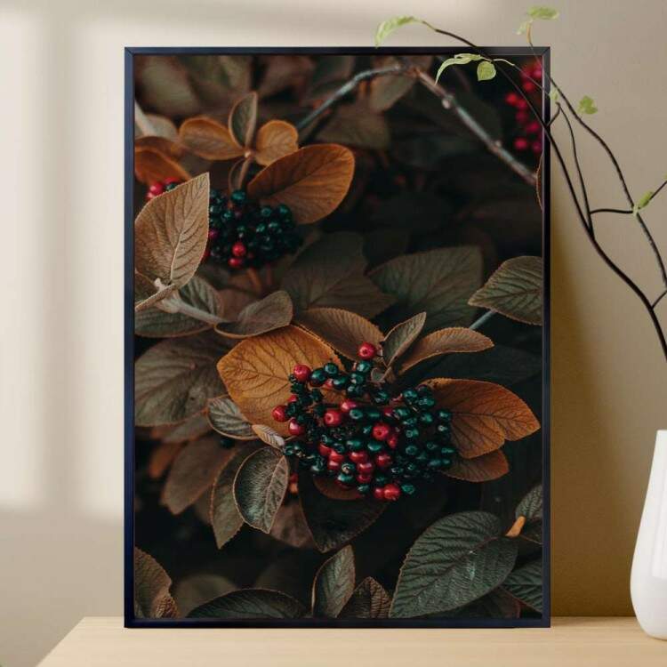Quadro Decorativo Folhas Cinzas e Laranjas E Frutas