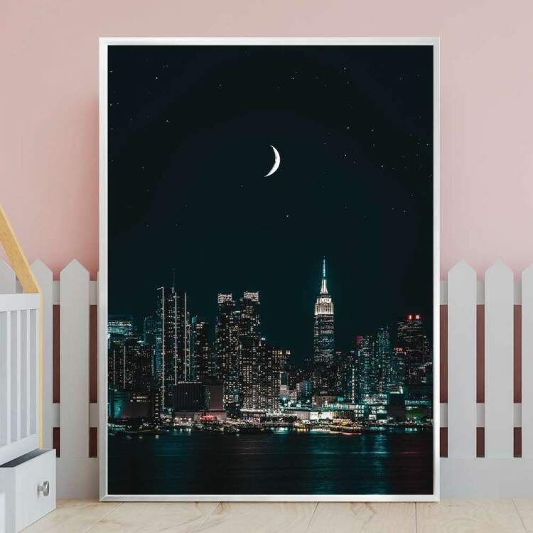 Quadro Decorativo Lua Na Cidade Grande A Noite