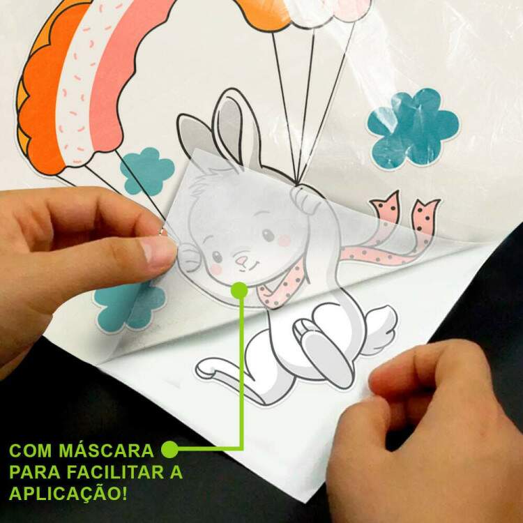 Adesivo de Parede Infantil Coelhinha Branca de Paraquedas