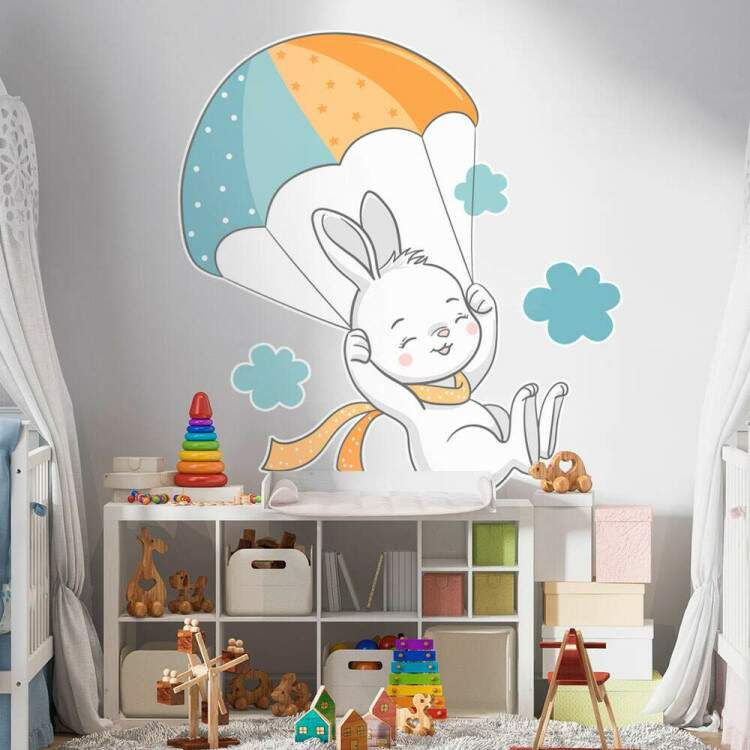 Adesivo de Parede Infantil Coelhinho Branco com Paraquedas 2