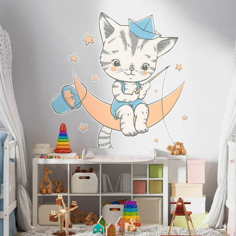 Adesivo de Parede Infantil Gatinho Pescando Estrelas