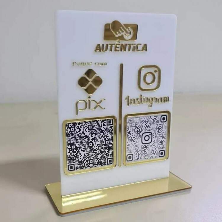 Placa de Pix Acrlico de Mesa Branca e Espelhada com espao para por 2 QR codes e sua logo