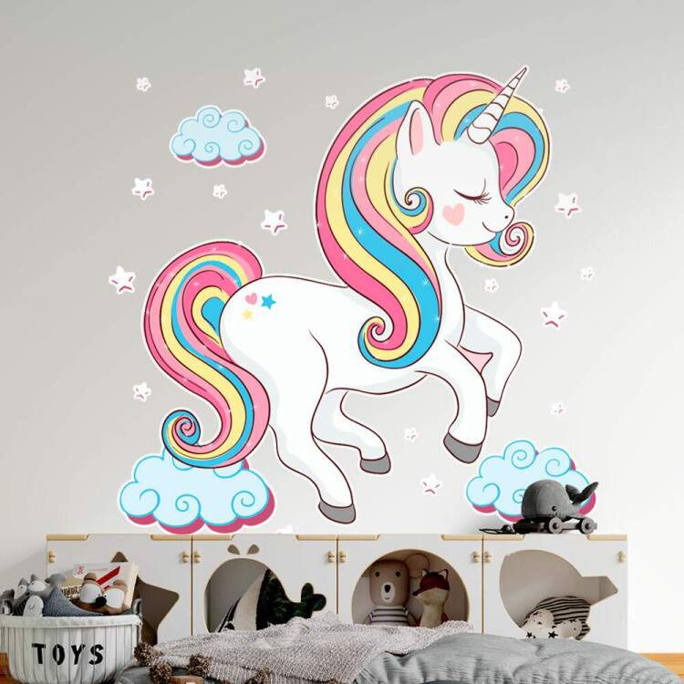 Adesivo de Parede Infantil Unicornio nas Nuvens Feliz