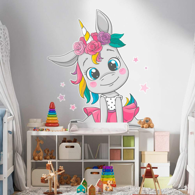 Adesivo de Parede Infantil Unicornio Sentado com Estrelas e Flores