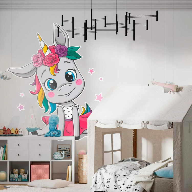 Adesivo de Parede Infantil Unicornio Sentado com Estrelas e Flores