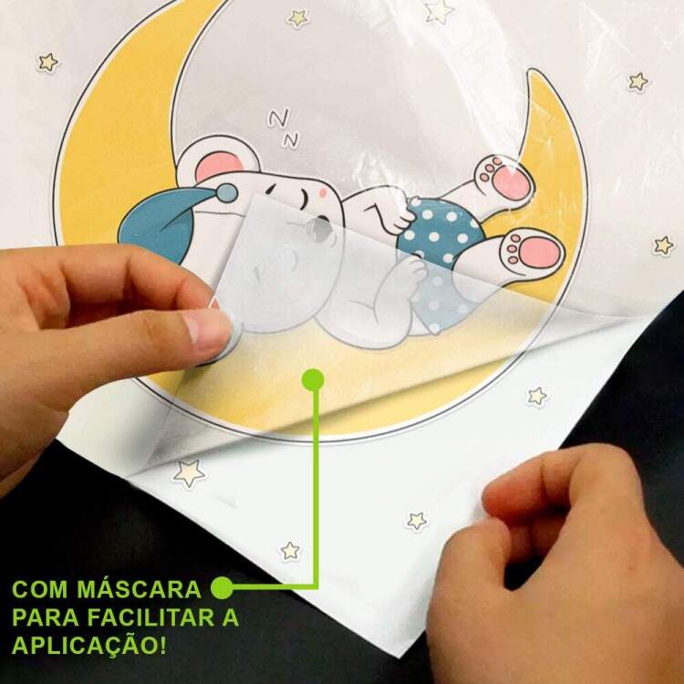 Adesivo de Parede Infantil Ursinho Branco Dormindo na Lua