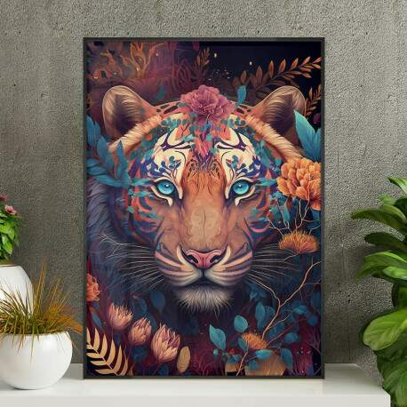 Quadro Decorativo Tigre Floral Colorido