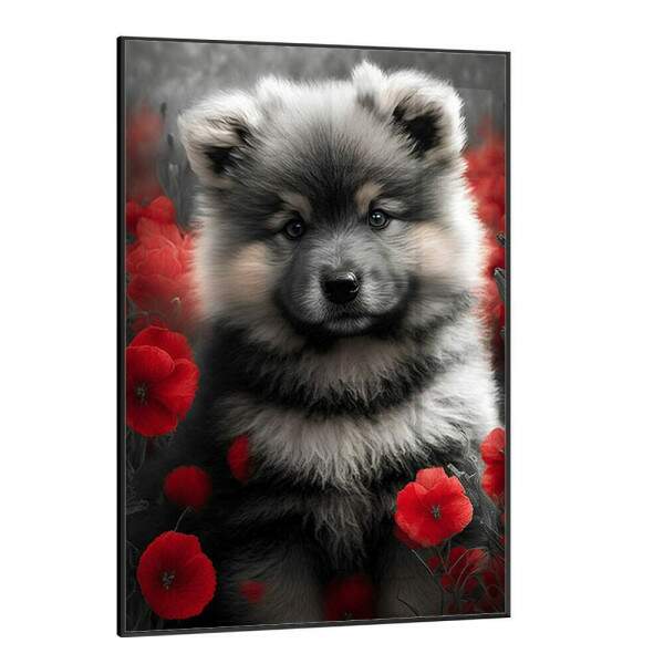 Quadro Decorativo Cachorro Preto e Branco com Flores