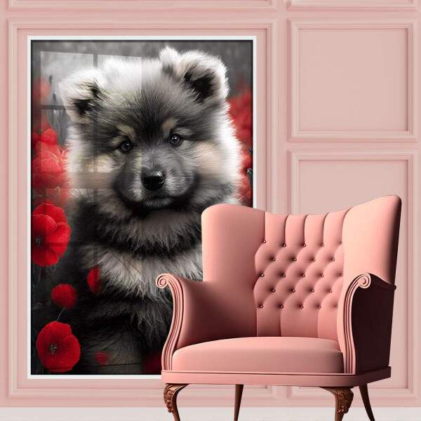 Quadro Decorativo Cachorro Preto e Branco com Flores