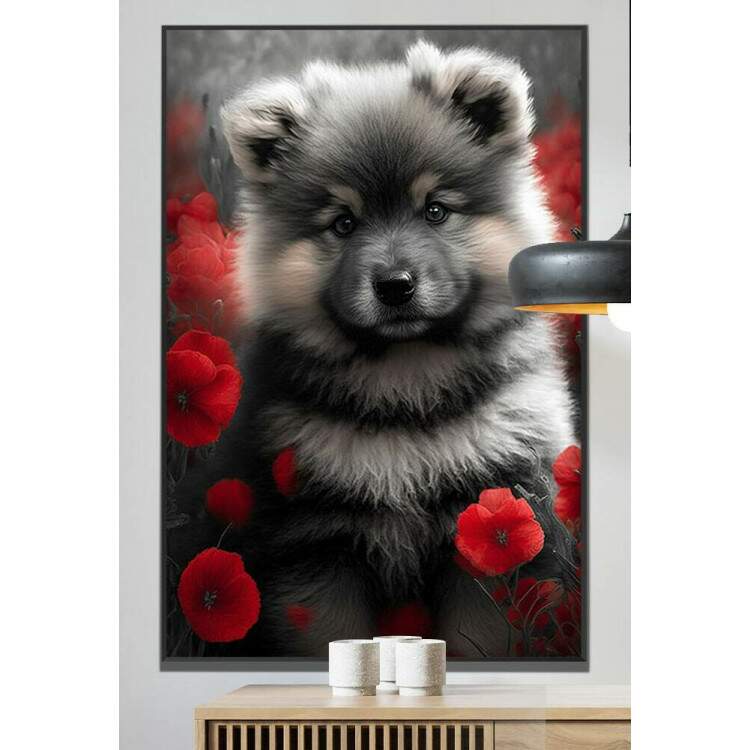 Quadro Decorativo Cachorro Preto e Branco com Flores