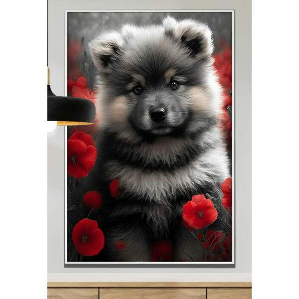 Quadro Decorativo Cachorro Preto e Branco com Flores