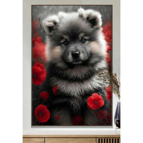 Quadro Decorativo Cachorro Preto e Branco com Flores