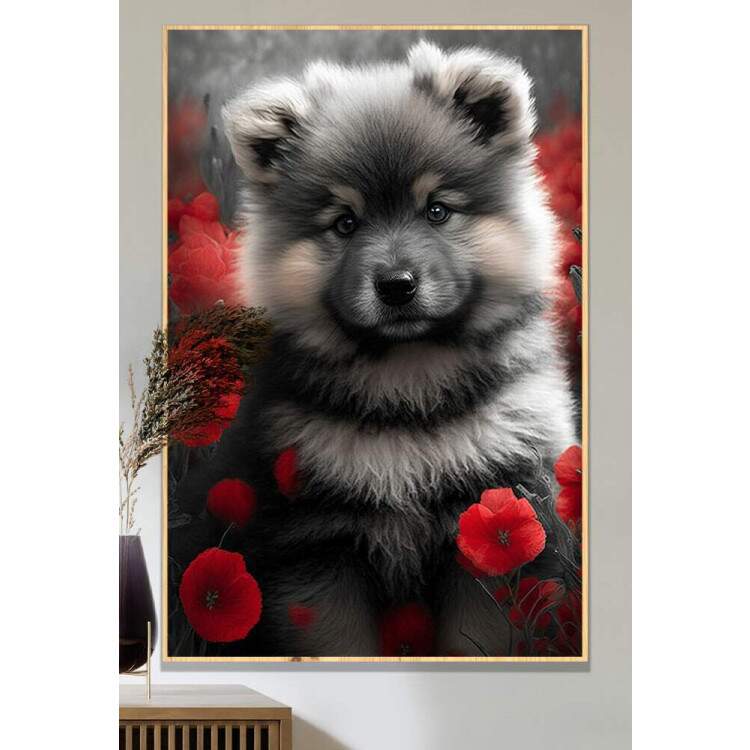 Quadro Decorativo Cachorro Preto e Branco com Flores