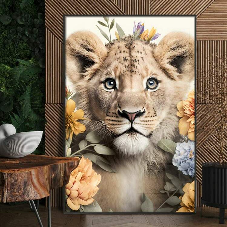 Quadro Decorativo Leo Filhote com Flores