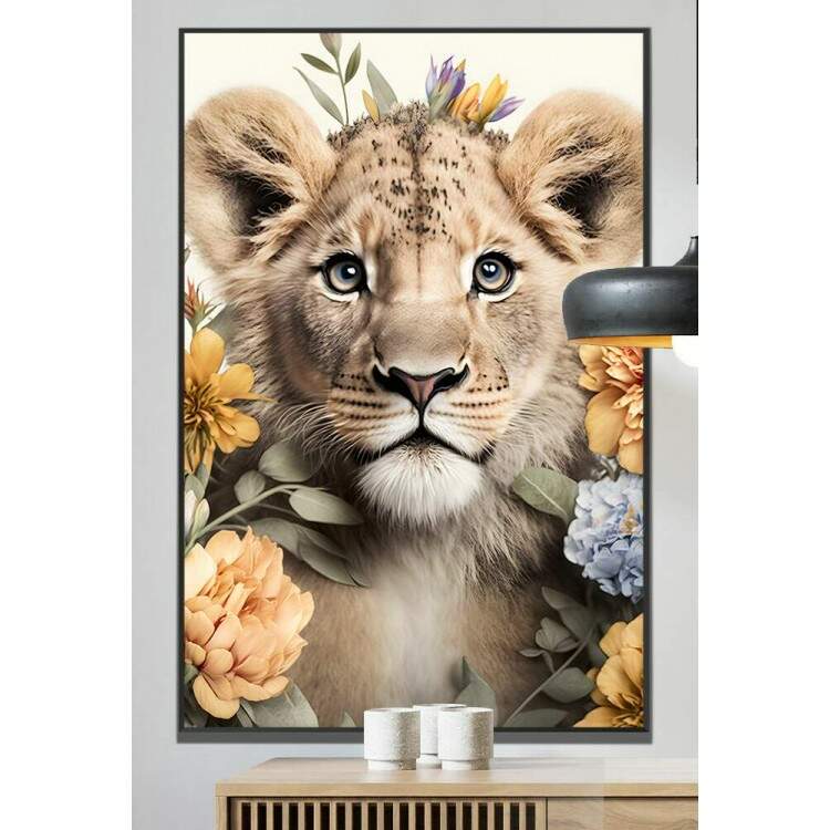 Quadro Decorativo Leo Filhote com Flores