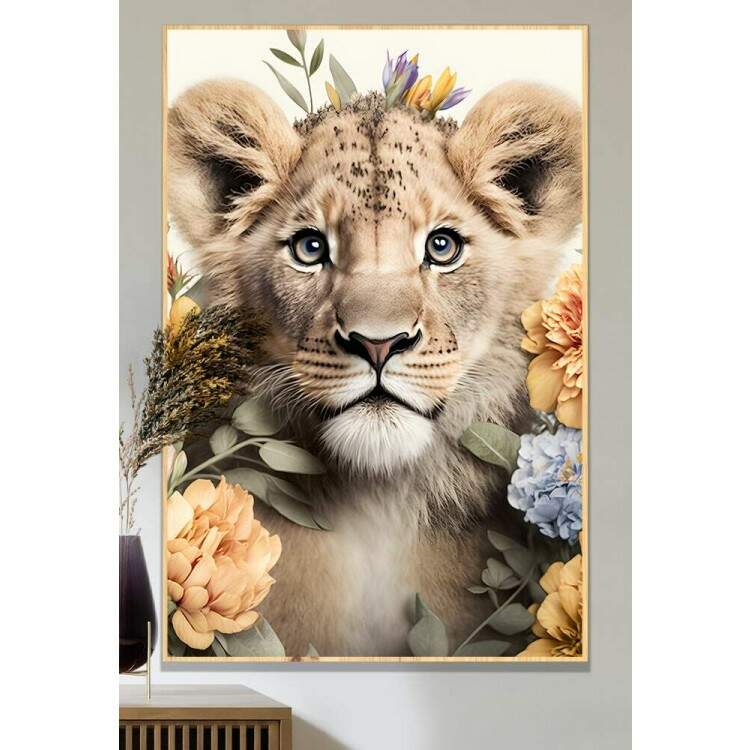 Quadro Decorativo Leo Filhote com Flores
