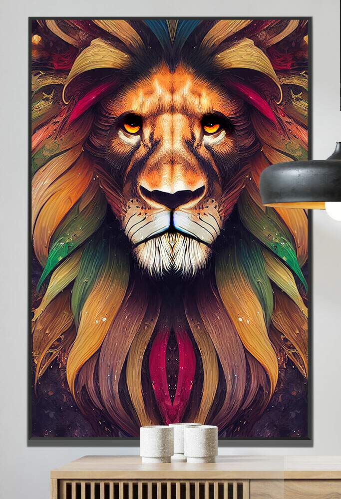 Quadro Decorativo Le�o Folhas Colorido