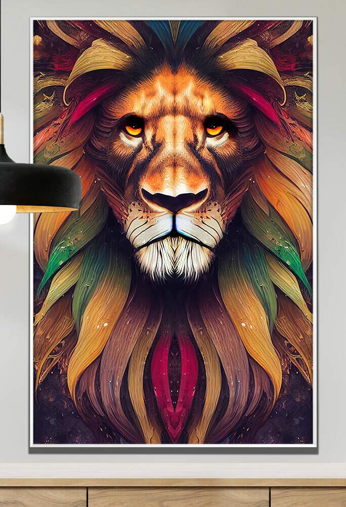 Quadro Decorativo Le�o Folhas Colorido