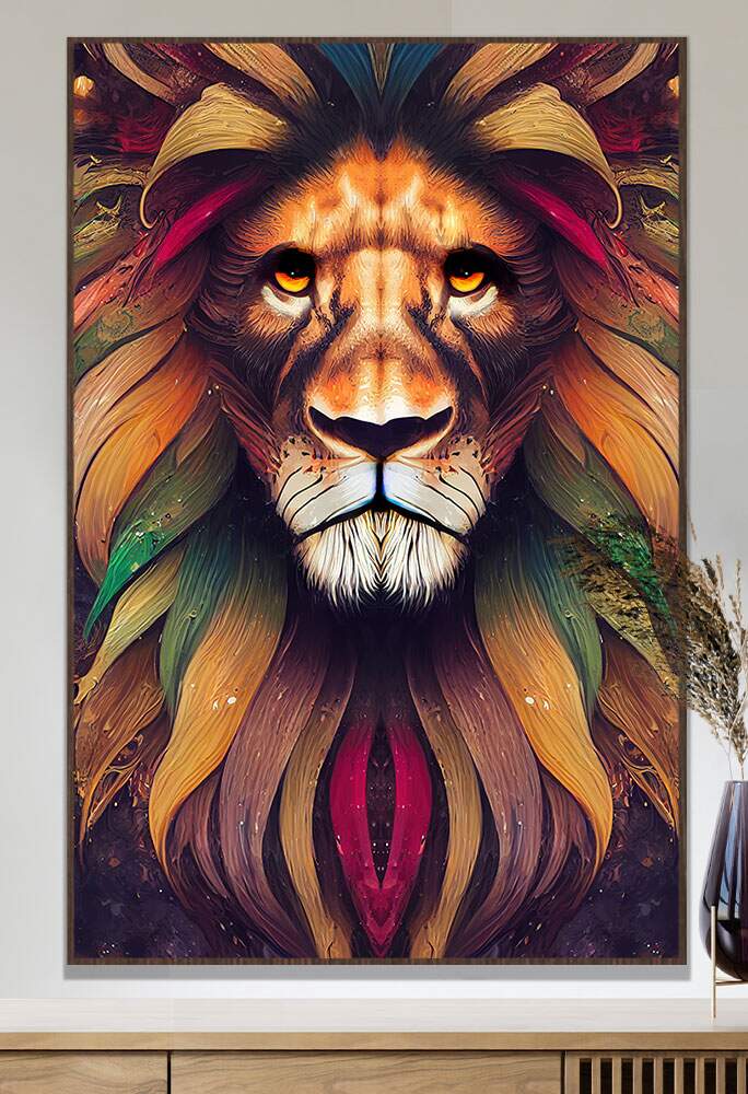 Quadro Decorativo Le�o Folhas Colorido