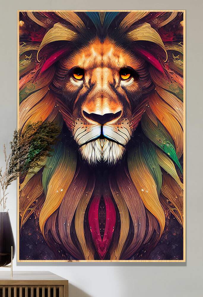 Quadro Decorativo Le�o Folhas Colorido