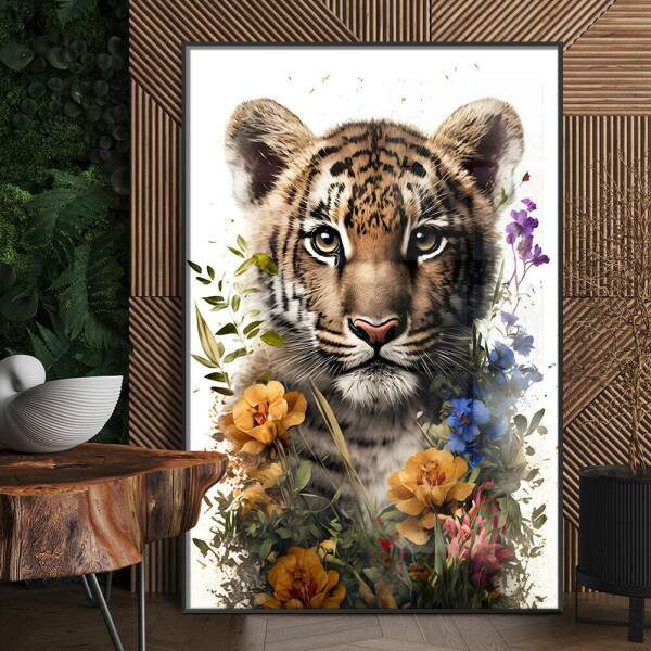 Quadro Decorativo Filhote de Tigre com Flores