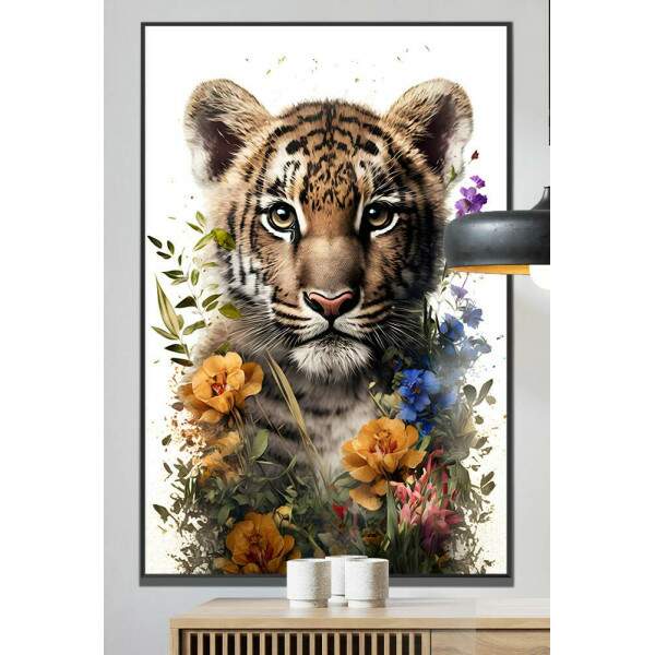 Quadro Decorativo Filhote de Tigre com Flores