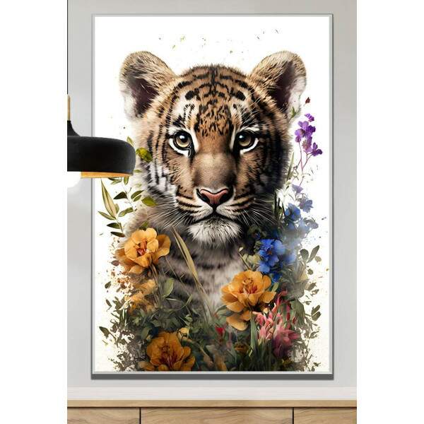Quadro Decorativo Filhote de Tigre com Flores