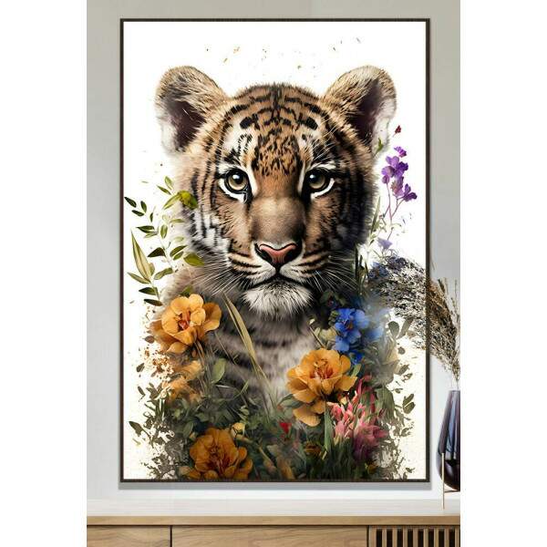 Quadro Decorativo Filhote de Tigre com Flores
