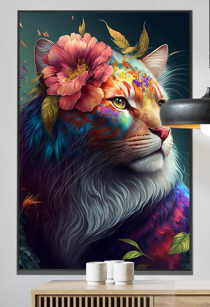 Quadro Decorativo Leoa Com Flores Coloridas