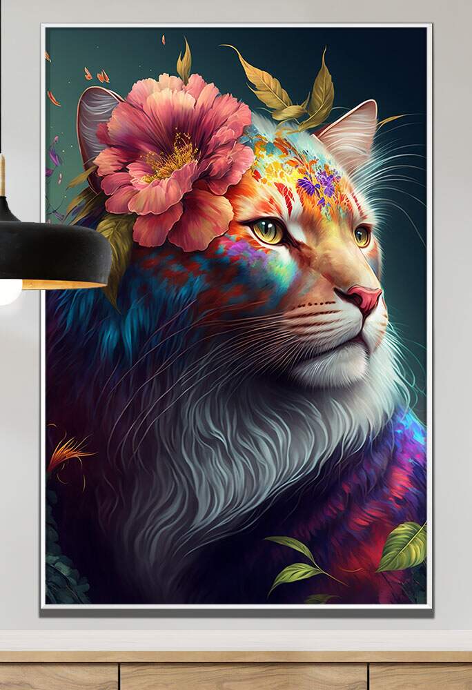 Quadro Decorativo Leoa Com Flores Coloridas