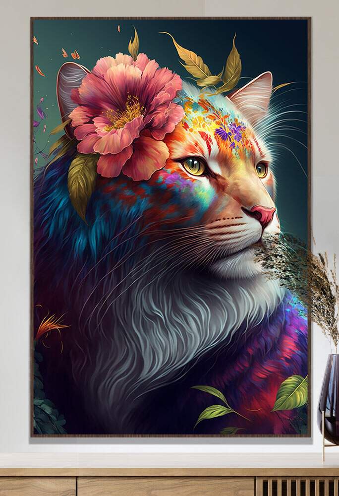 Quadro Decorativo Leoa Com Flores Coloridas