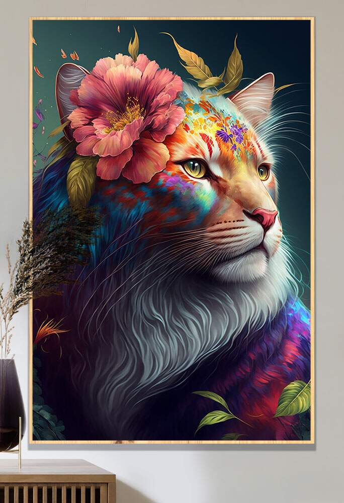 Quadro Decorativo Leoa Com Flores Coloridas