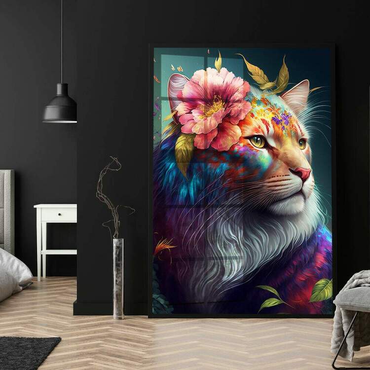 Quadro Decorativo Leoa Com Flores Coloridas