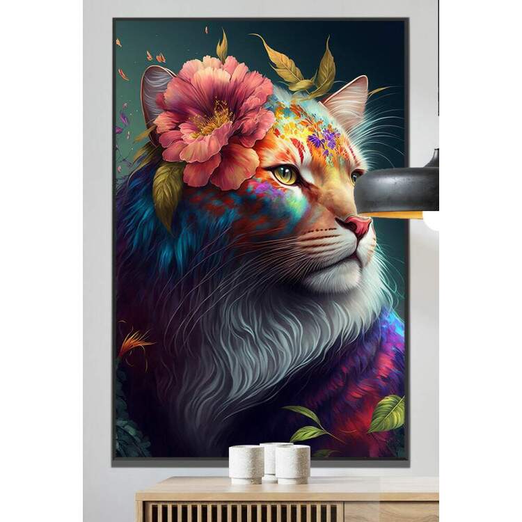 Quadro Decorativo Leoa Com Flores Coloridas
