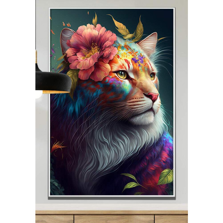 Quadro Decorativo Leoa Com Flores Coloridas