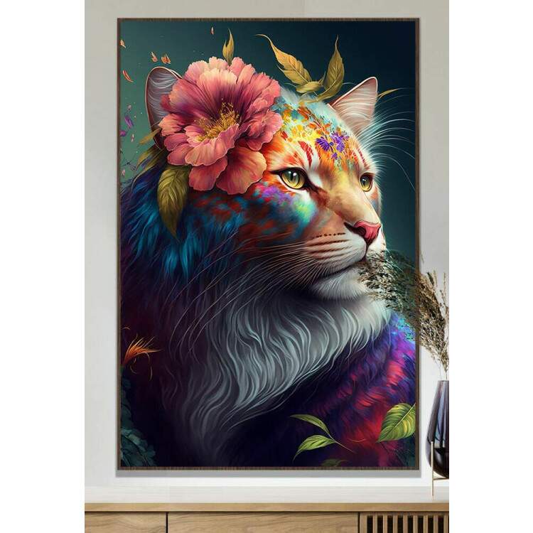 Quadro Decorativo Leoa Com Flores Coloridas